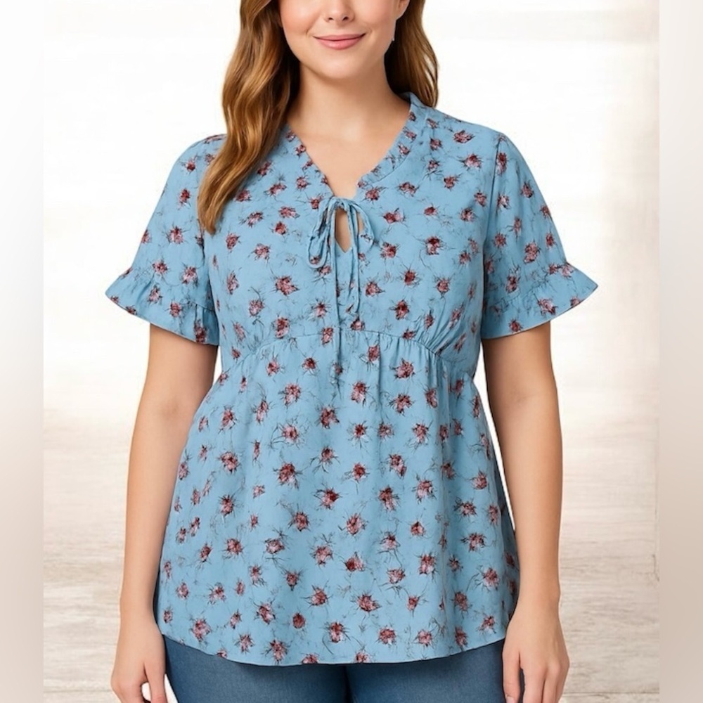 NWT!Blue floral, ruffle, V-neck tie, elastic waist, top size 12 or large